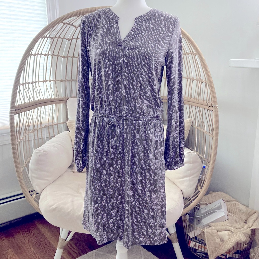 Garnet Hill Organic Cotton Tencel Dress Small Long Sleeve Boho Neutral Print